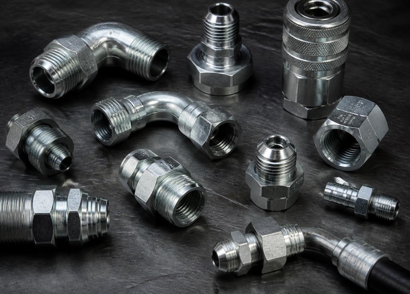 Hydraulic fittings and adaptors laid out for assembly